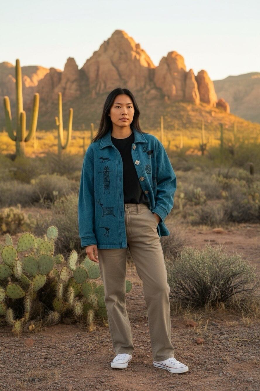 Vintage 90 s BFOFO Artistic S Blue Art to Wear Southwest Petroglym Art Shacket
